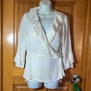 Beautiful Wrap blouse, Ruffled at collar and 3/4 sleeves! Sheer.